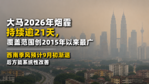 大马2026年烟霾持续逾21天，覆盖范围创2015年以来最广，西南季风预计9月初渐退后方能系统性改善