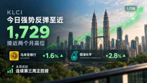 今日KLCI从早盘低位强势反弹至近1,729接近两个月高位，马来亚银行+1.6%国油化学+2.8%领涨，本周追踪连续第三周正回报