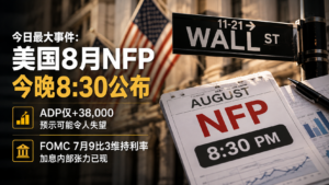 今日最大事件：美国8月NFP今晚8:30公布，ADP仅+38,000预示可能令人失望，FOMC 7月9比3维持令加息内部张力已现
