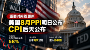 重要时间线更新：美国8月PPI明日（周四）公布，CPI后天（周五）公布，市场定价9月FOMC加息58%，UBS预测全年两次加息，FOMC 9月5日起进入静默期