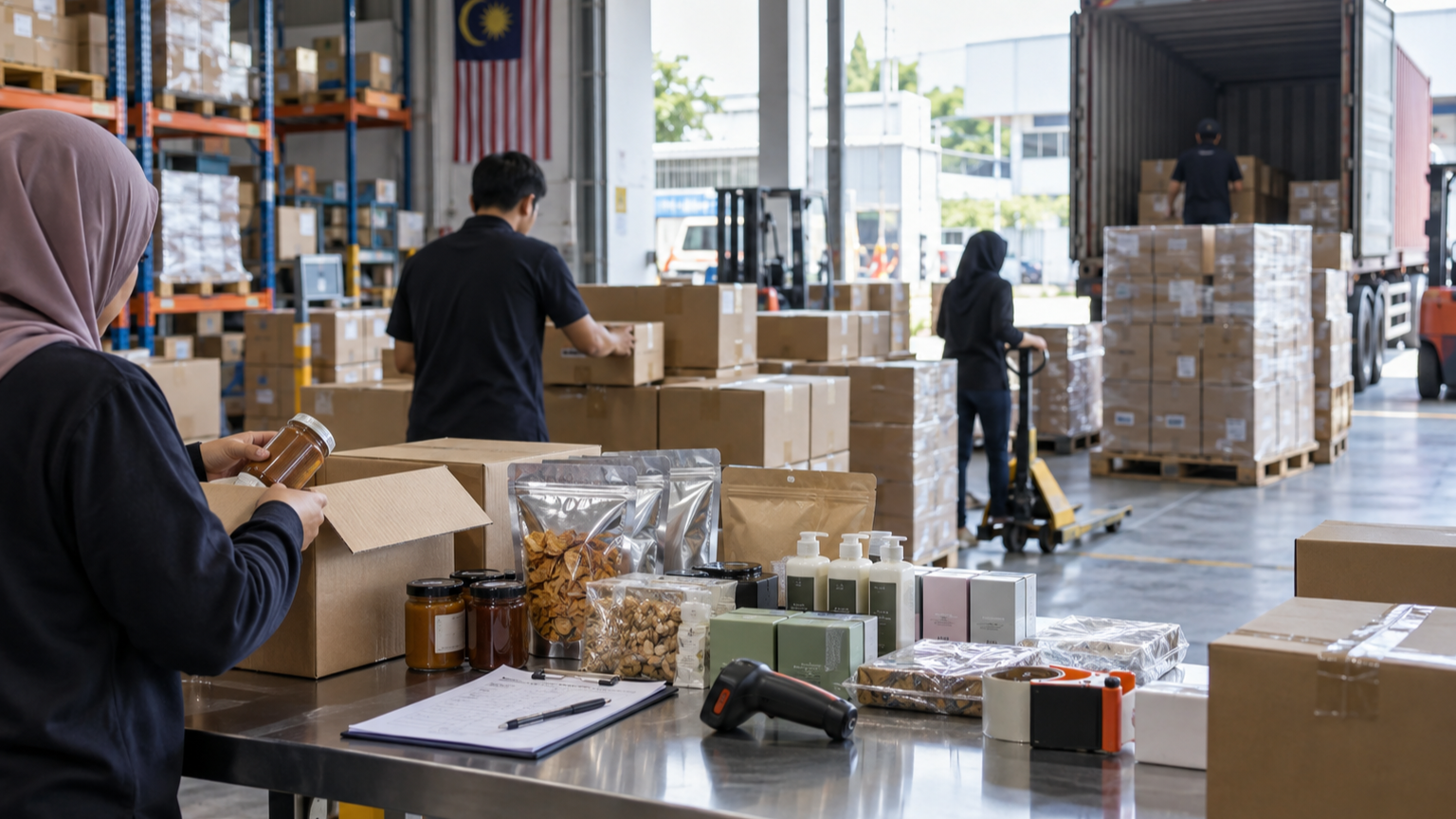 马来西亚中小企业在仓库检查产品并准备出口装运
