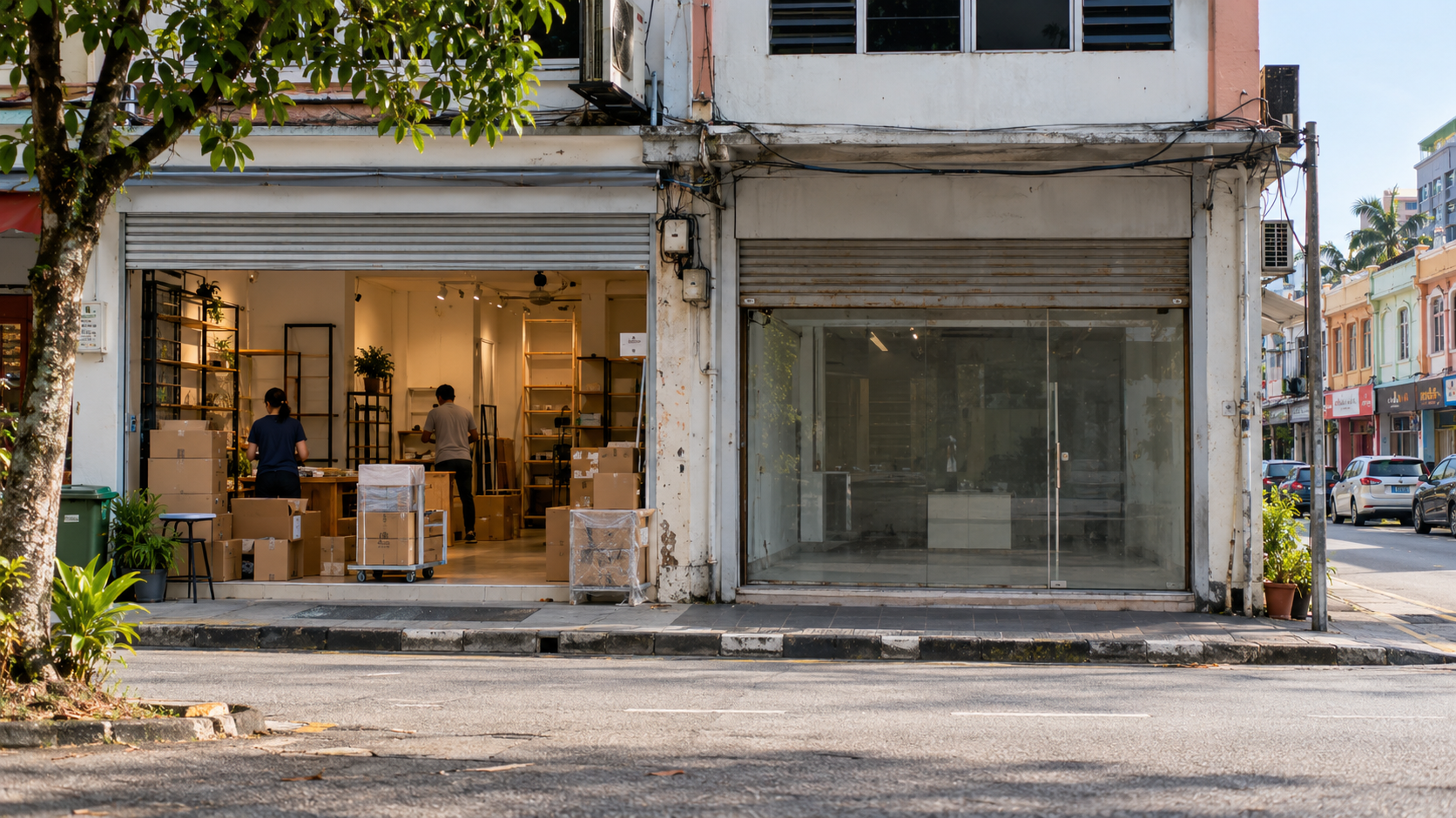 马来西亚商业街上一家新开小店与相邻的空置店面