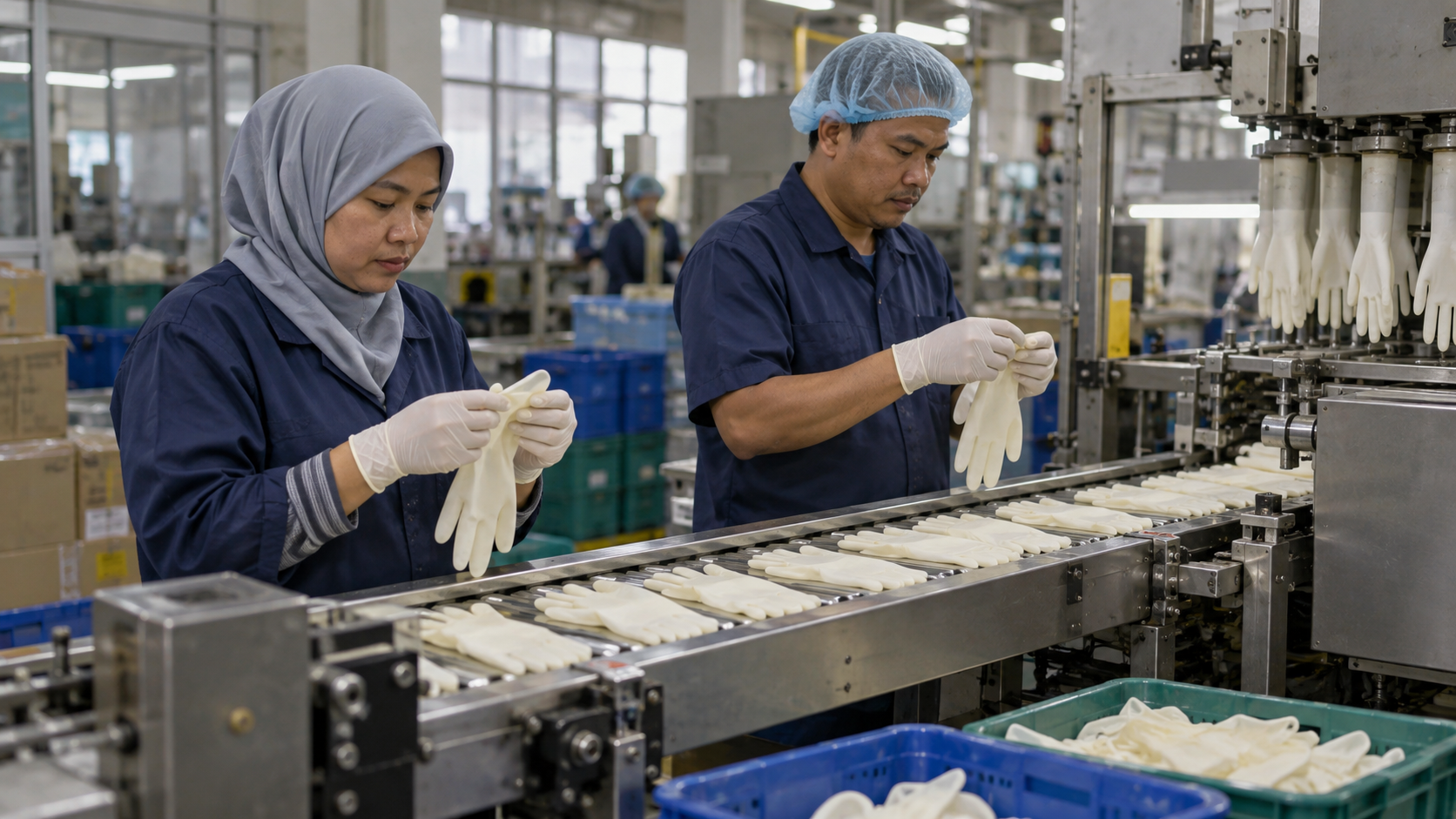 马来西亚橡胶制品工厂人员检查生产线上的手套品质