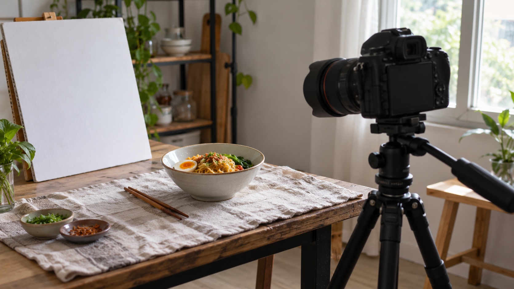 自然光下的美食拍摄桌面与相机，非Foodie Media或新闻现场
